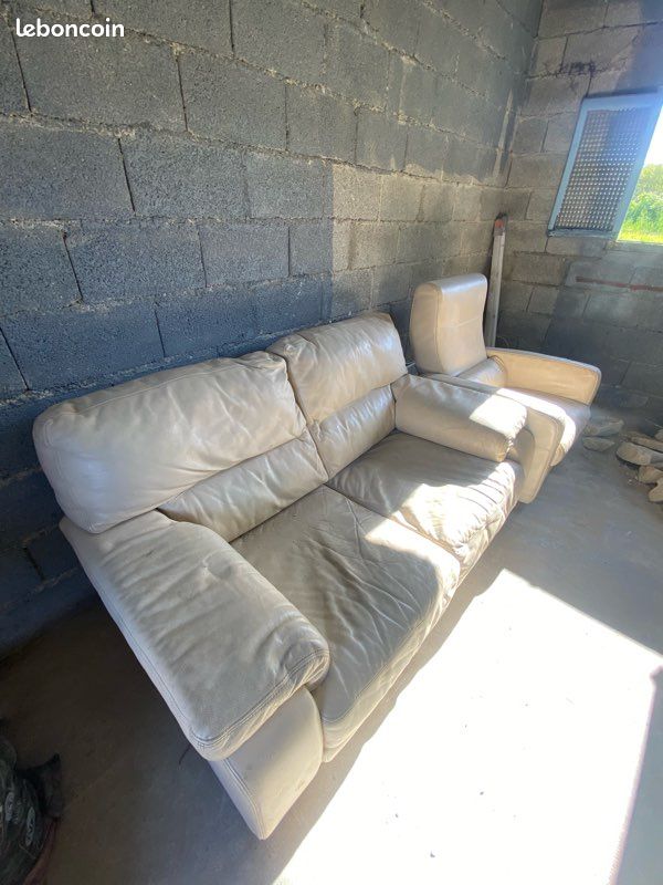 Canapé + fauteuil cuir beige (image 2)