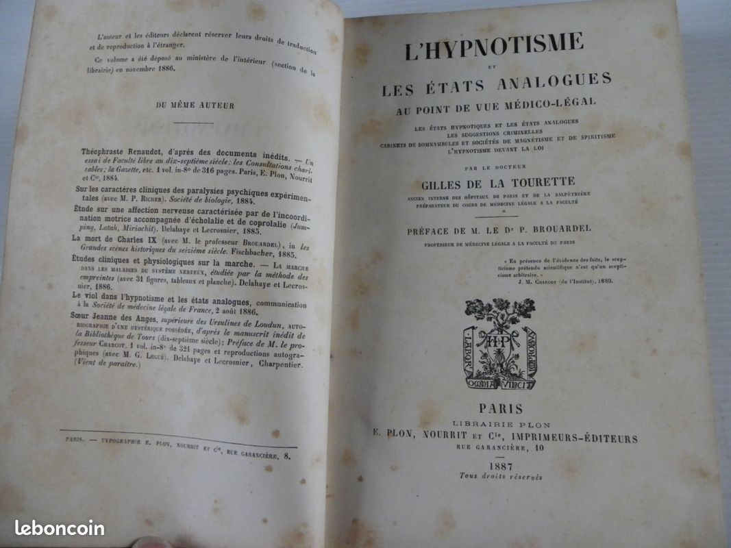 LIVRE l'hypnotisme et les états analogues Gilles de la Tourette 1887 (image 4)