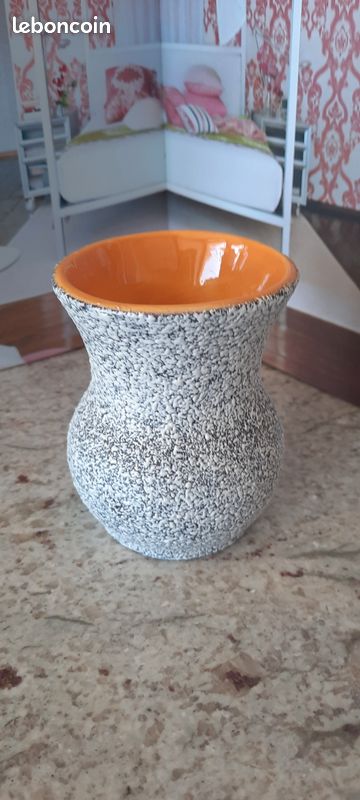 Vase signed Tess vintage Beige/Blue Ceramic Floral,Vegetal