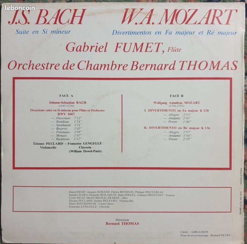 Vinyle 33T/ JS. BACH / W.A MOZART/ Gabriel FUMET, Flûte (image 2)