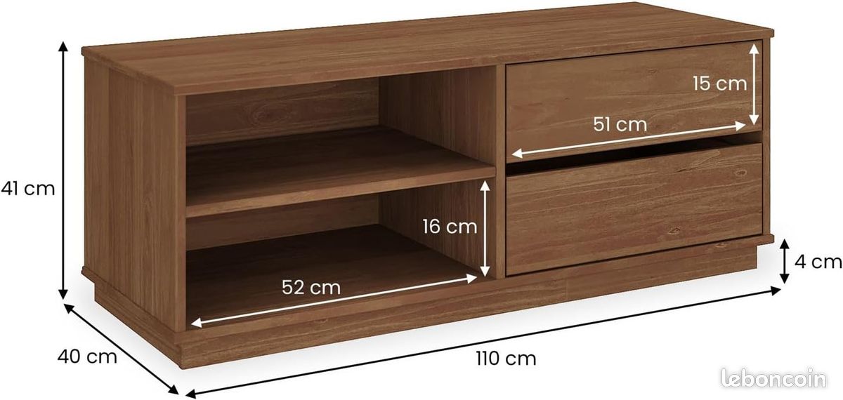 Meuble TV en Pin Massif Châtaignier – 110 cm – 2 Tiroirs & 2 Niches – Design Naturel & Robuste pour Écran jusqu'à 47 Pouces (image 3)