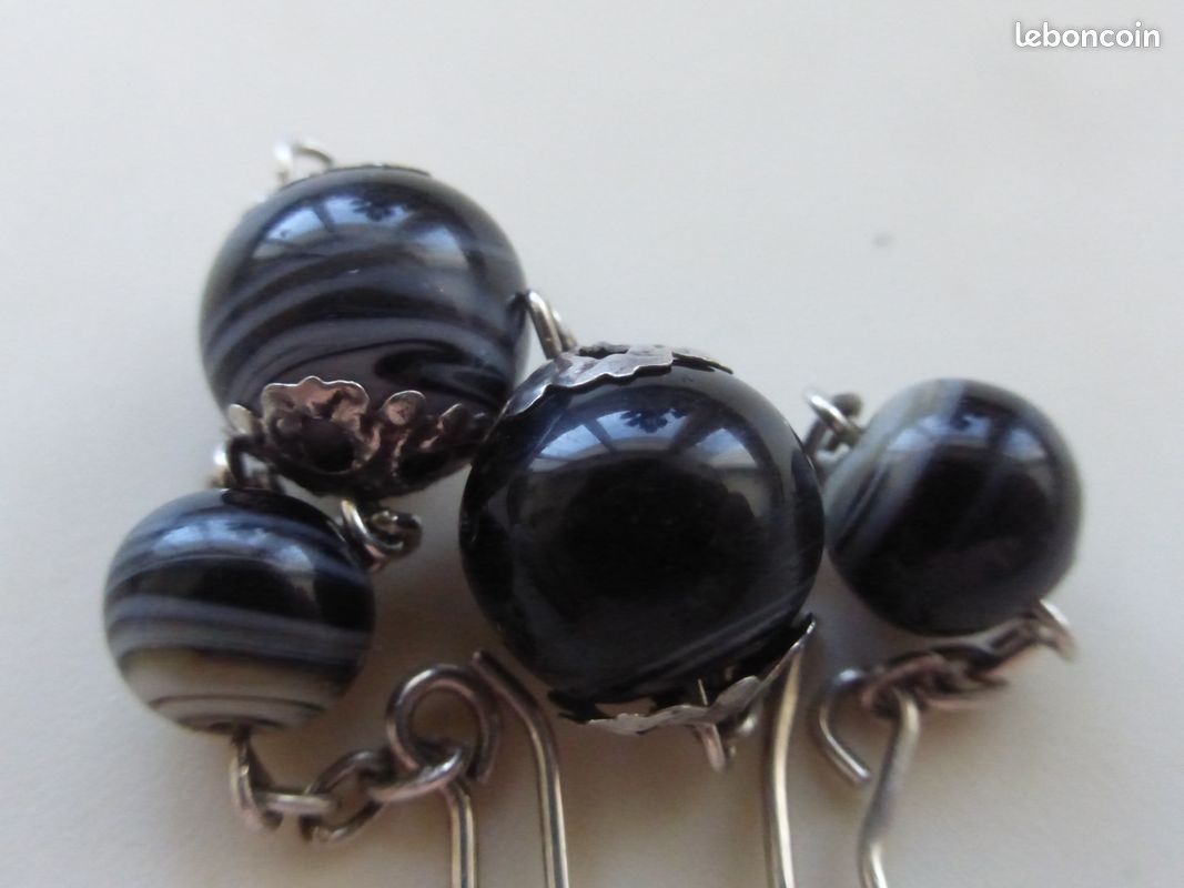 Boucles d'oreilles argent poinçon 925 et testés, pendantes chainette perles noires 5gr h.6cm tbé (image 5)