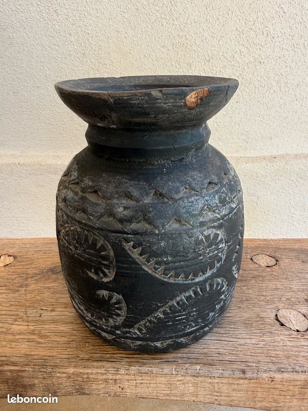 Lot 3 Pots Nepalais inde bois noir sculpté Esprit tribal & wabi-sabi (image 8)