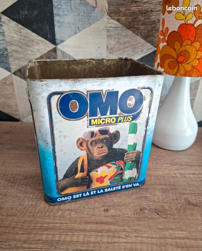 Ancienne boîte publicitaire OMO en métal lithographié – Singes emblématiques (image 2)
