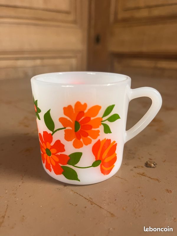 Lot De 2 Tasses Vintage Arcopal France Motif Fleurs Orange - Diamètre 7,5 Cm