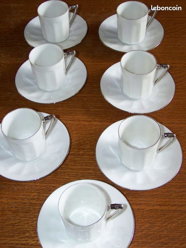 Lot De 6 Soucoupes Et Tasses Demitasse Fraureuth En Porcelaine Et Argent - Fin 19ème, état Antique