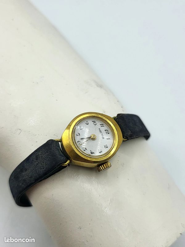 XB – Montre Vintage Herma Femme Plaqué Or Bracelet Cuir Fonctionnelle (image 4)