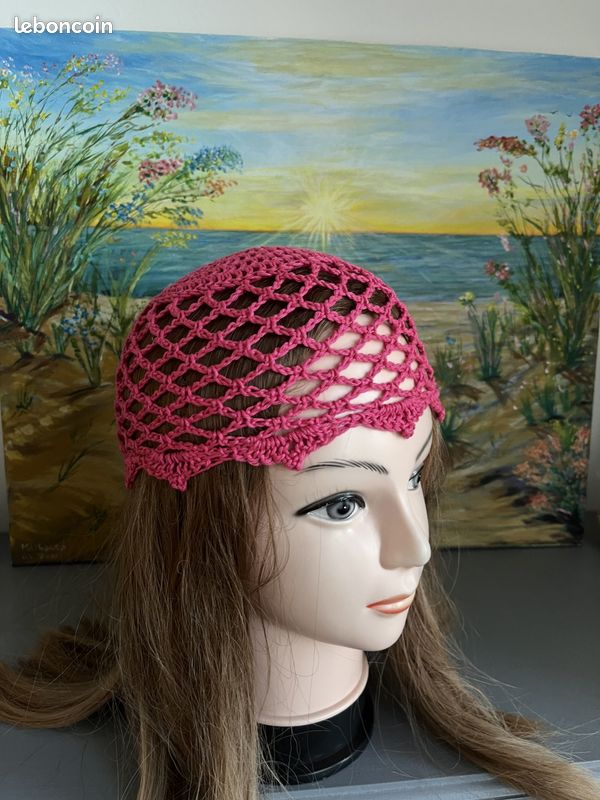 Chapeau bonnet Toque hat hut hoed hattur gorro cappello cap Kappe dop caipín berretto boné headpiece Coton Rose Fuchsia Taille unique Fait main crochet Handmade D'autres couleurs disponible (image 2)