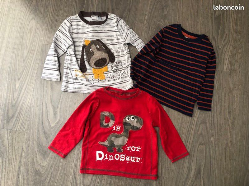 Lot de 3 tee-shirts manches longues 18 mois motif dinosaure, chien et à rayures (image 1)