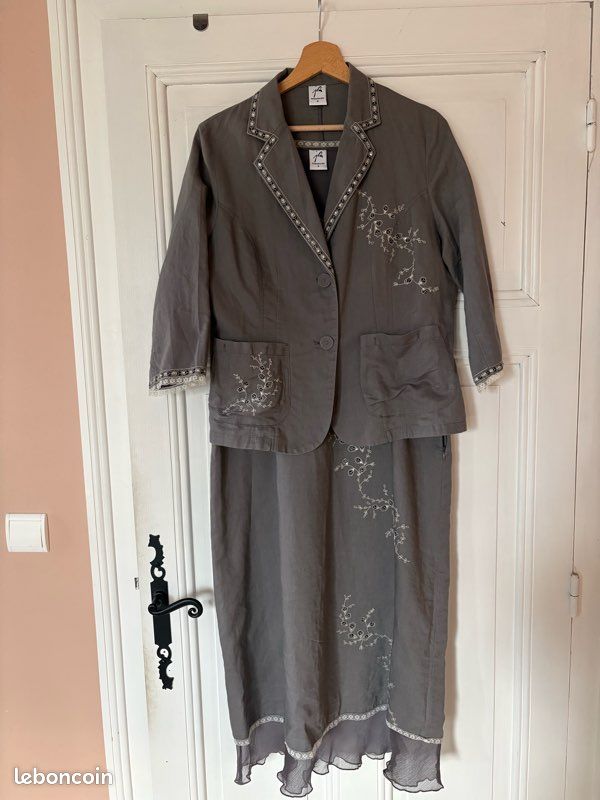 Ensemble Tailleur Robe + Veste CLAIRE Paris - Lin & Coton Vert - Taille 44 - Neuf Avec étiquettes