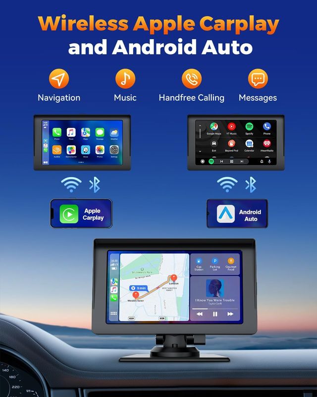 VOLAM Écran tactile sans fil Apple Carplay Android avec écran de 7