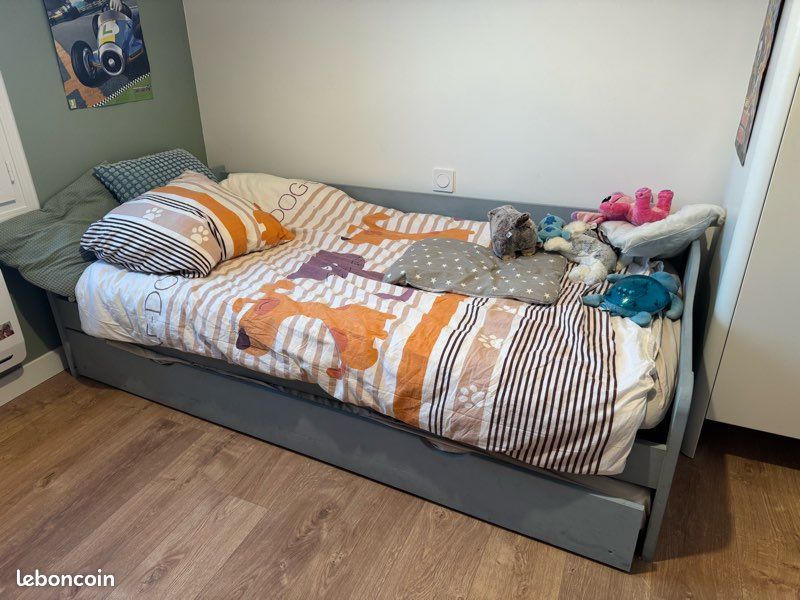 Lit gigogne gris + matelas + sommier (image 3)