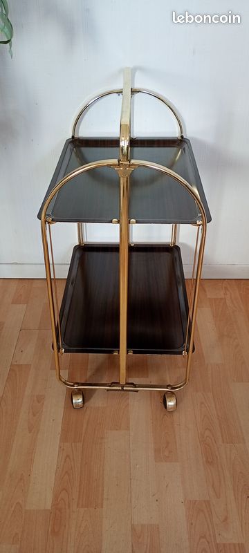 Chariot à Boissons Pliable Vintage – Formica Marron Et Chromé – Années 70 – Hollande