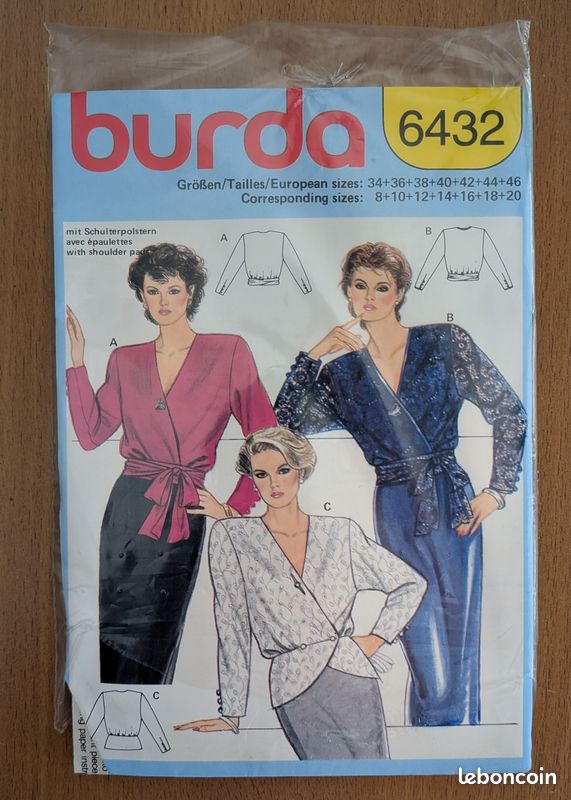 🧵✂️ Patron couture NEUF Burda 6432 – Chemisier cache-cœur épaulettes vintage – (image 1)
