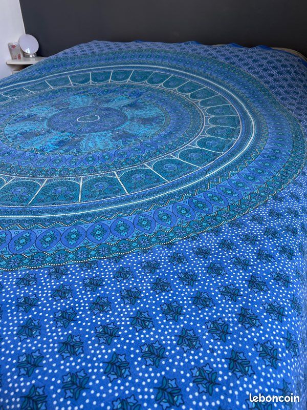 Couverture Mandala Indienne Bleu Turquoise 230x210cm Tenture Murale
