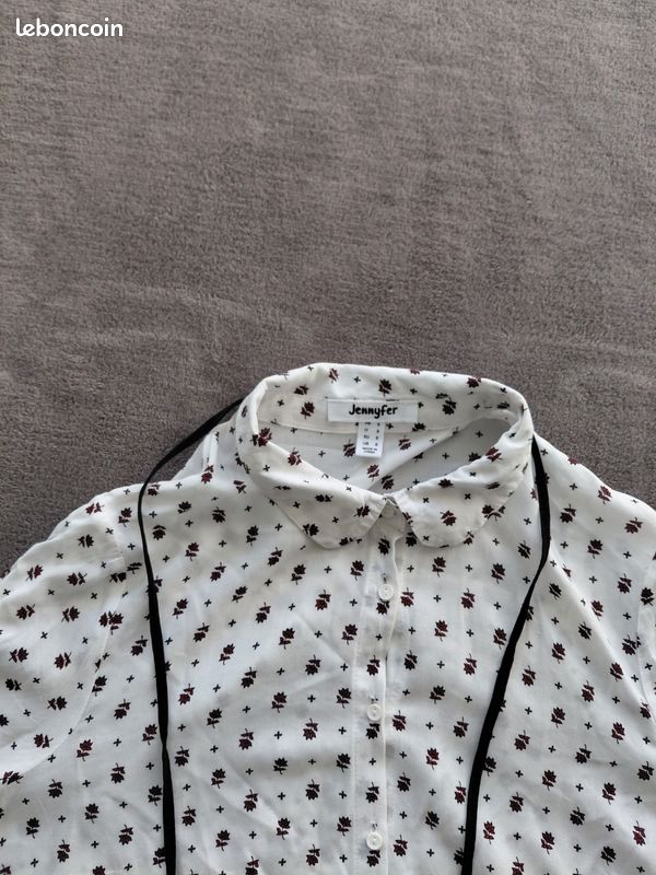 Chemisier Jennyfer S Blanc Fleuri Bordeaux/Noir Col Lavallière