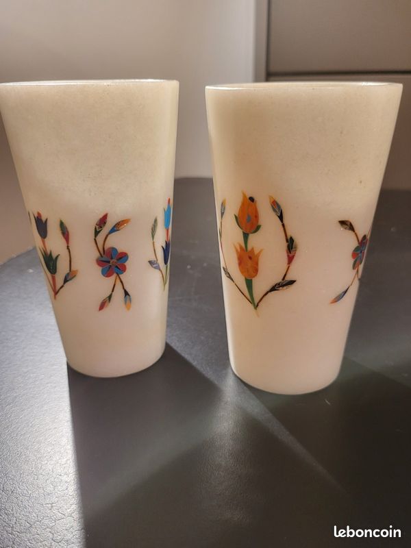 Service Verres en Marbre Blanc Taj Mahal (Inde) - Incrustations Pietra Dura (image 2)