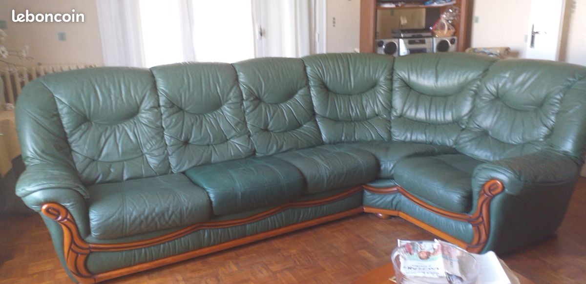 Canapé cuir vert en angle (image 1)