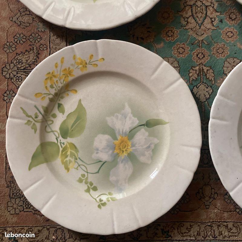 Lot grandes assiettes Luneville KG Art nouveau ancien fleur clématite jaune (image 2)
