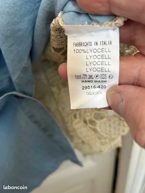 Chemise, veste en lyocel bleu jean et broderie anglaise beige, doré - TU jusqu’au 52 - neuve (image 14)