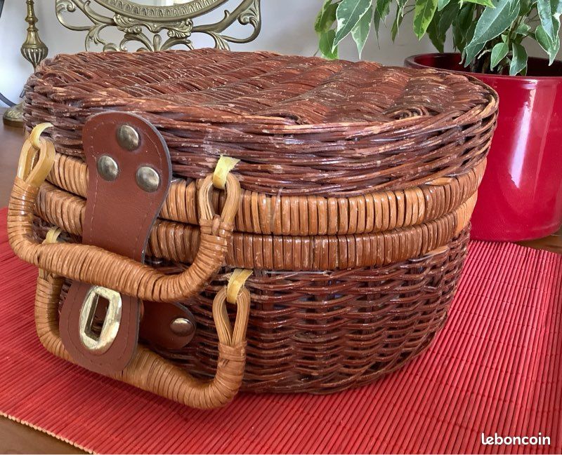 Panier Vintage De Pêcheur En Osier - Marque LG, Moyen, Beige, Lanières En Cuir
