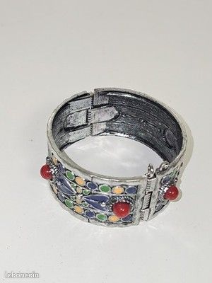 Bracelet Ancien Berbère En Argent Massif Et Verre Cristal Taillé - Style Jonc - Occasion, Pièce Ethnique Unique