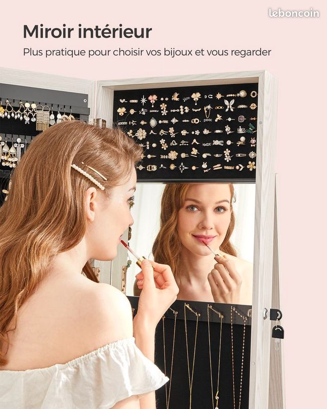 Armoire à bijoux sur pied avec miroir – rangement maquillage – blanc – neuve (image 4)