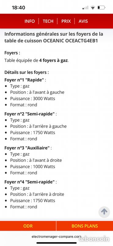 Table De Cuisson Gaz OCEANIC 4 Feux émail Noir - Neuve