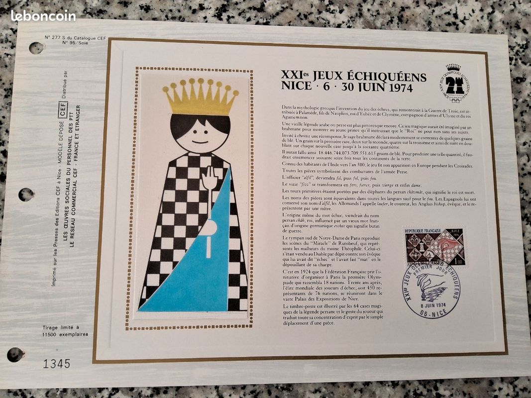 ♟️ Feuillet N° 277 S du Catalogue CEF — "XXIes Jeux Échiquéens — Nice, 6-30 Juin 1974" — N° 95/Soie — Tirage limité — N° 1345/11 500 (image 1)