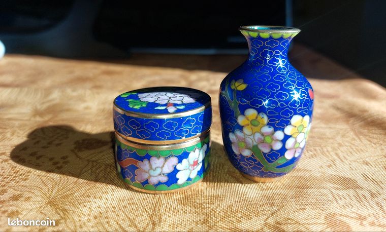 Vase Et Bol En Laiton Cloisonné Vintage – Motifs Floral Et Dragon, Années 1970, Vert