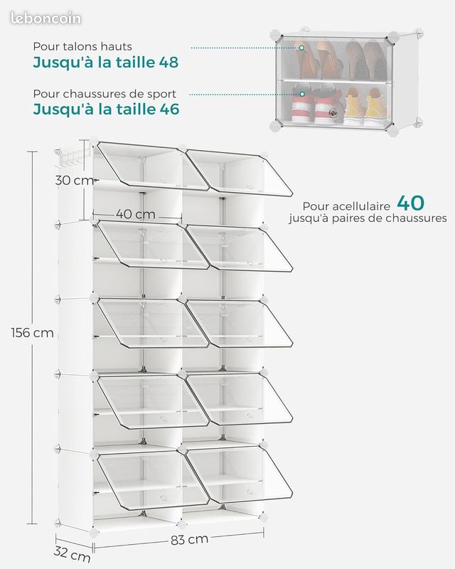 Étagère à Chaussures Modulable 10 Compartiments – Rangement Grande Capacité avec Portes (image 2)