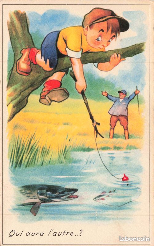 Carte postale et magnet d'enfants à la pêche avec une épuisette