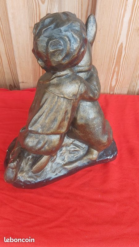 Ancienne Statue En Plâtre Enfant Et Chien Par Maison Rémy Saint-Dizier - Sculpture Décorative