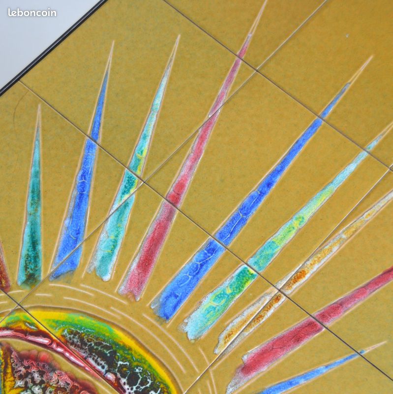 Table basse / Bout de canapé / céramique peinte à la main / Décor soleil vintage années 60 (image 3)