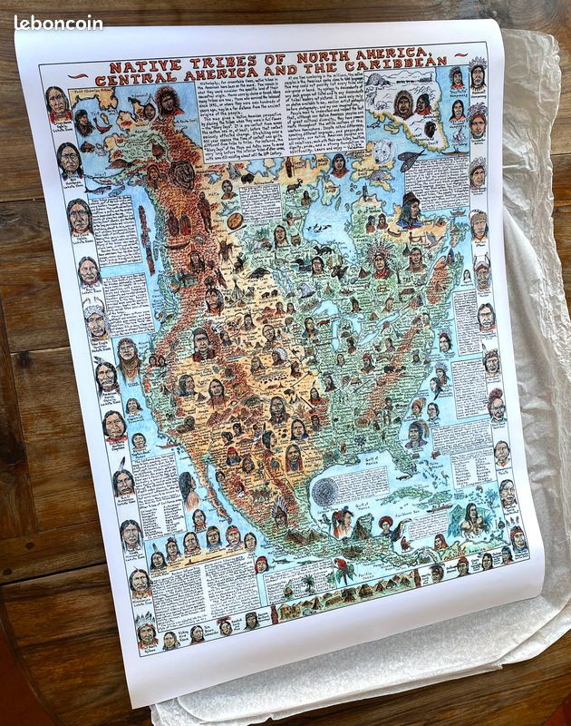 Poster Toile Carte Tribus Indiennes USA – Déco Vintage 40x60 Cm, Sans Cadre Ou Avec Cadre Bois Au Choix
