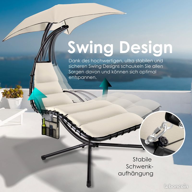 Chaise Longue Flottante avec Parasol : Détente et Confort | Chaise Longue Suspendue pour Jardin et Terrasse | Poids Maximal de 120 kg (image 3)
