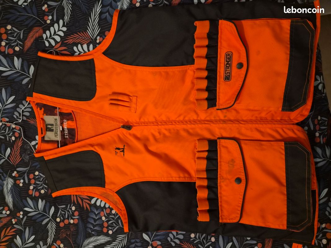 Percussion Gilet Traque Enfant - Gilet De Chasse Enfant Résistant Kaki/Orange, 4 Poches, Carnier Détachable