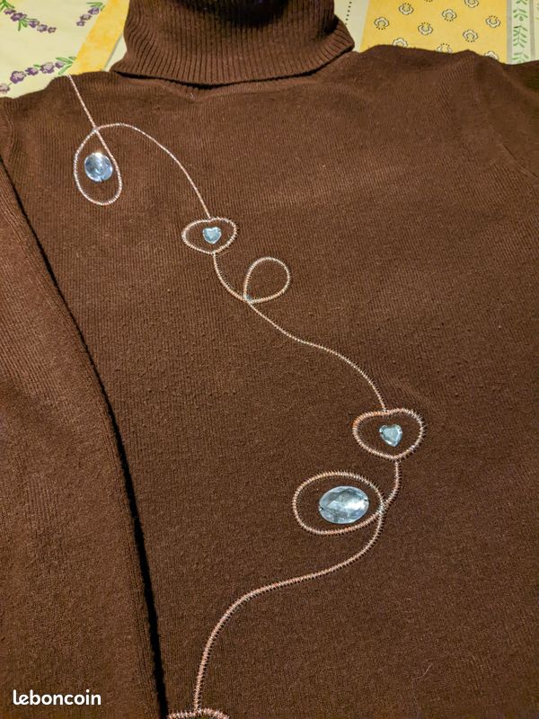 Pull laine marron col roulé fantaisie T : 38 TBE (image 3)