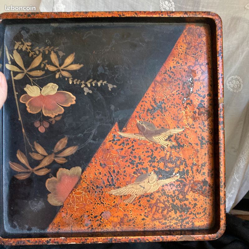 Plateau Laqué Noir Japonisant Années 20 - Décor D'oiseaux Et Arbre (35x60cm)