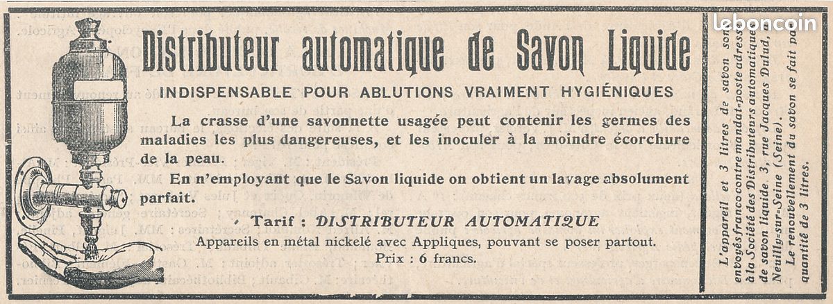 Ancienne Publicité (1912) : Distributeur automatique de savon liquide, indispensable pour ablutions vraiment hygiéniques (image 1)