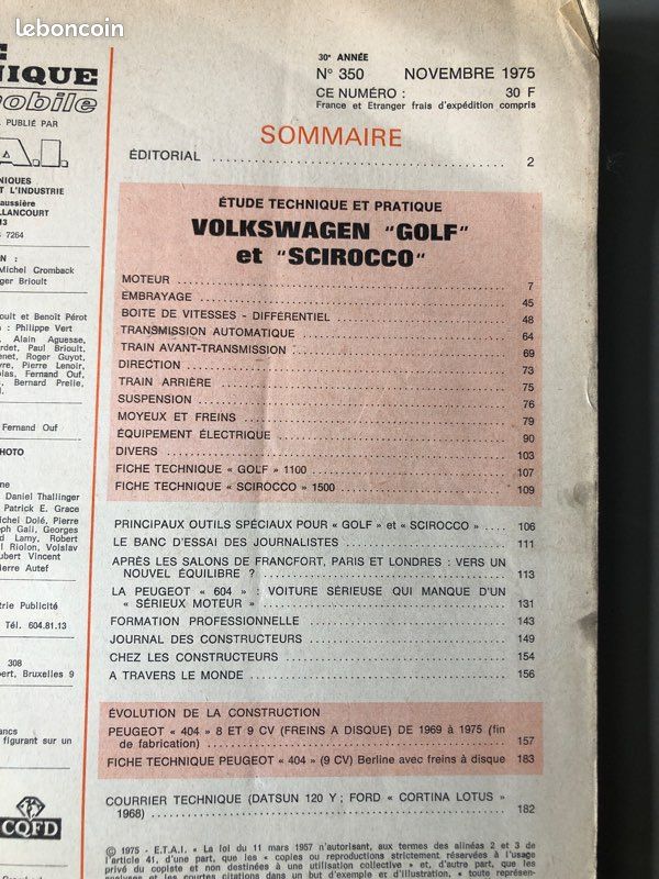 RTA N° 350 Volkswagen Golf et Scirocco Peugeot 404 (image 2)