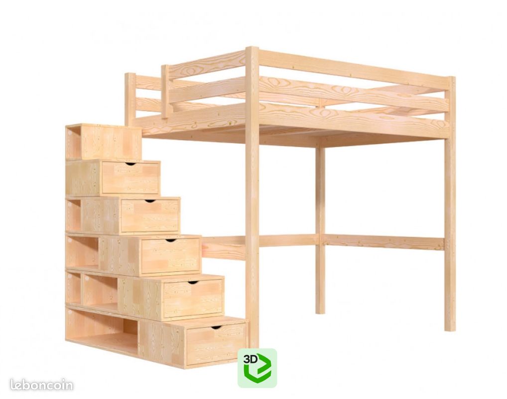 Lit mezzanine bois 140x200 Sylvia avec escalier cube (image 1)