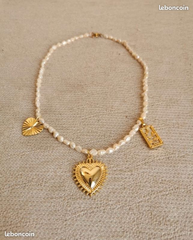 Collier perles de culture "grain de riz" neuf pampilles cœur carte tarot lune strass ex voto milagros acier doré creation (image 16)