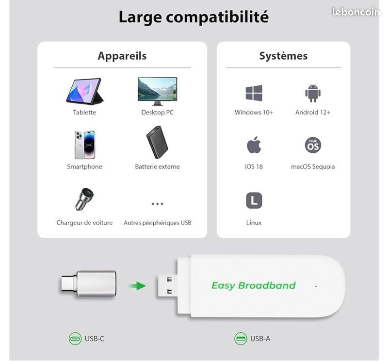 #299 Clé 4G LTE EIOTCLUB avec Wi-FI 6 (SIM Incluse), Modem Wi-FI USB A & C, 150 Mbit/s, Connexion LTE Plug & Play, Point D'accès Mobile pour PC/Tablette/Voyage/Travail, Uniquement avec SIM EIOTCLUB (image 4)