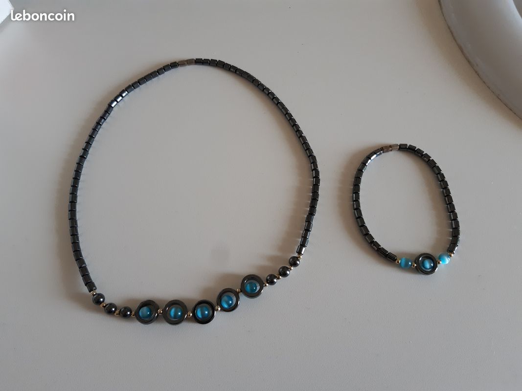 Collier Et Bracelet Perles Hématite Et Doré - Ensemble Bijou Occasion, Style Pierre Naturelle.