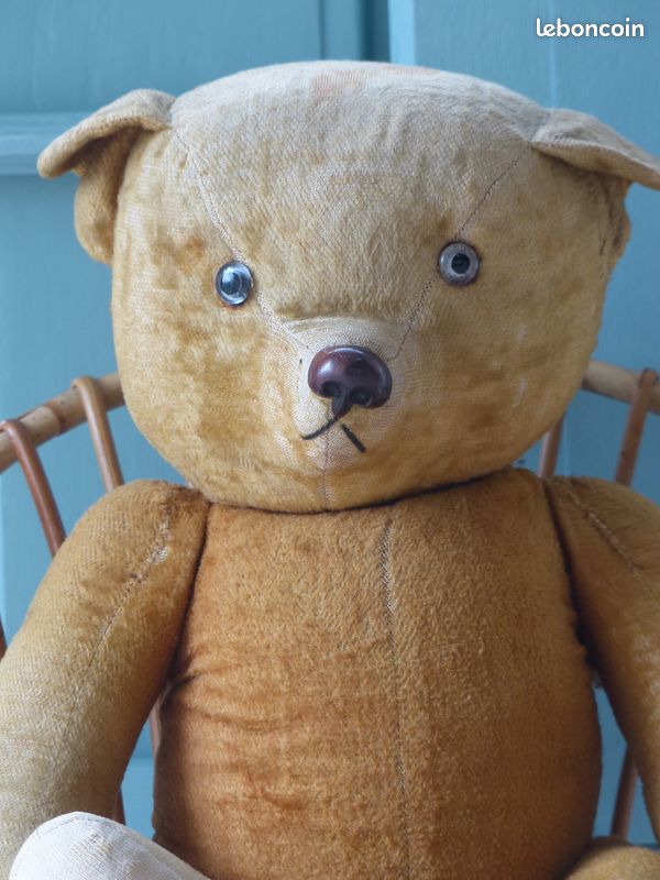 Ancien Ours En Peluche 45 Cm Articulé Yeux Verre & Béret écossais