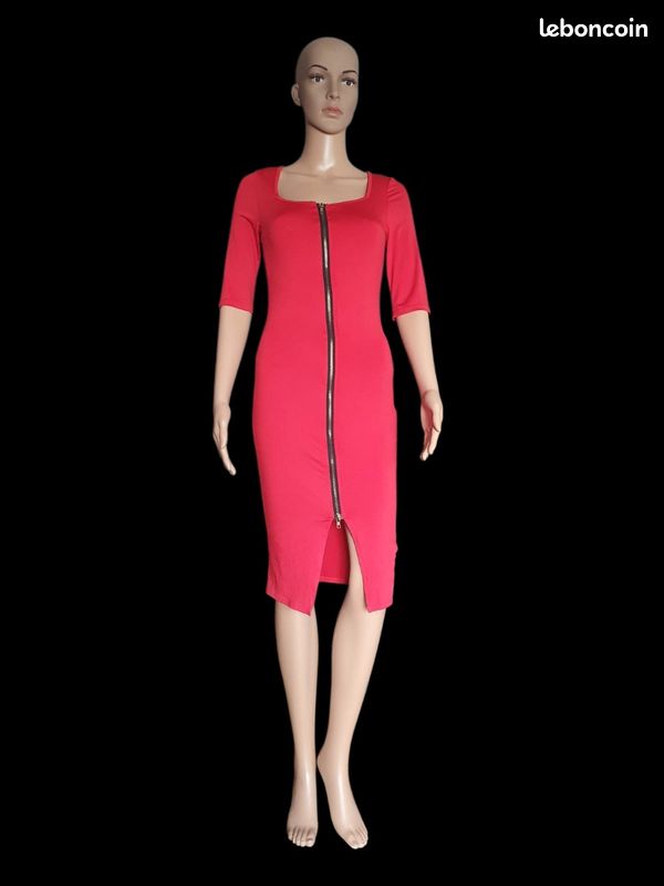 Robe Moulante Rouge à Zip – Robe Midi Fourreau Sexy et Extensible T36 (image 2)