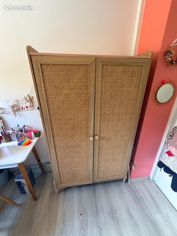 Armoire PABLO rose & cannage rotin – 2 portes – 100 cm (image 2)