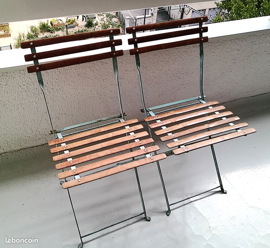 2 chaises de jardin pliantes en métal peint et bois (image 1)