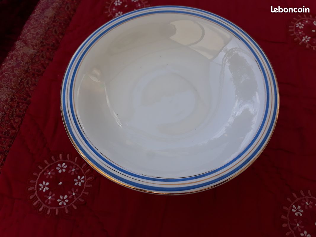 Coupe Assiette sur pied Faïence Onnaing Blanc Bleu Vintage Années 40 Ancien (image 2)
